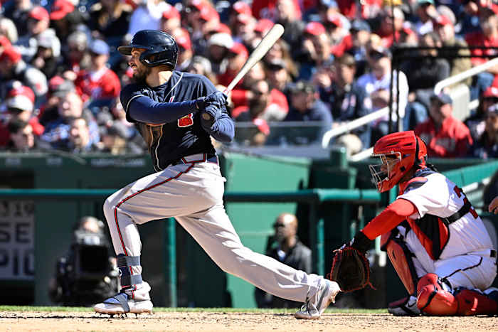 Mar 30, 2023; Washington, District of Columbia, USA; Atlanta Braves catcher Travis d'Arnaud (16) singles against the Washington Nationals during the sixth inning at Nationals Park. Mandatory Credit: Brad Mills-USA TODAY Sports